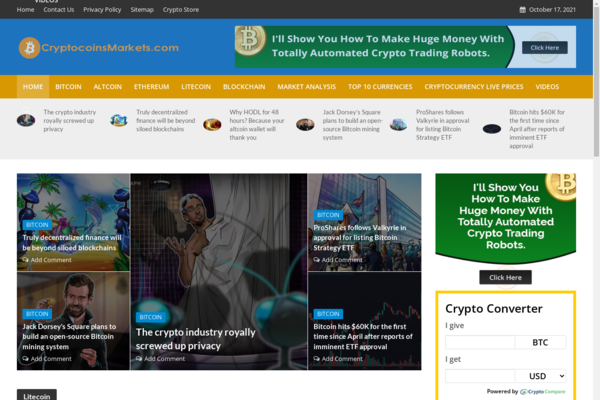 cryptocoinsmarkets.com - 100% Automated Crypto & Bitcoins Site - 2 Years Free Host BIN + Great Bonuses