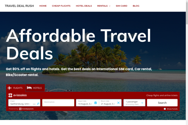 TravelDealRush.com - Automated Travel Website. $10K/month earning Potential. Affiliate business.